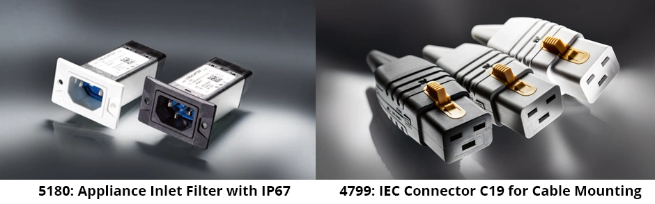 5180: Appliance Inlet Filter with IP67 and 4799: IEC Connector C19 for Cable Mounting